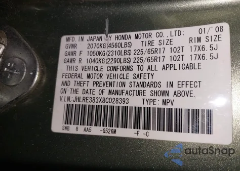 2008 Honda Cr-V Lx z USA, uszkodzony, nr VIN JHLRE383X8C028393